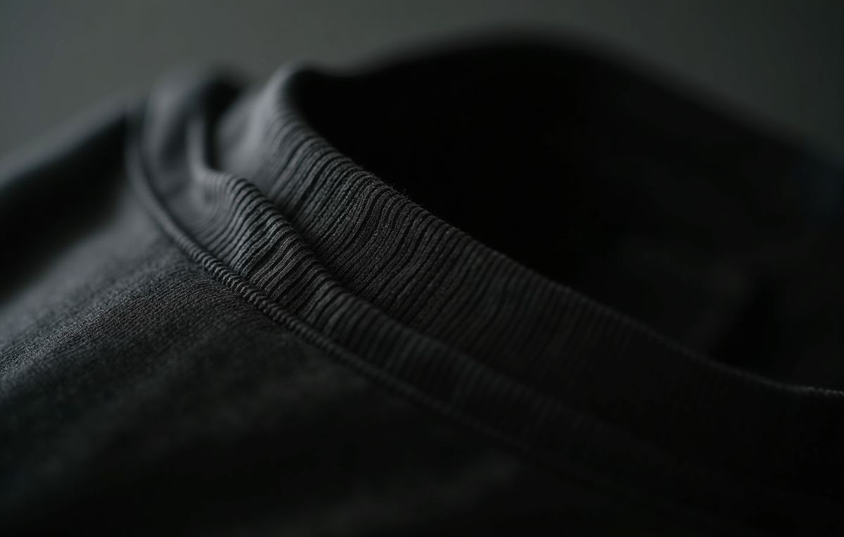 Close detail of the ribbed collar and shoulder seam