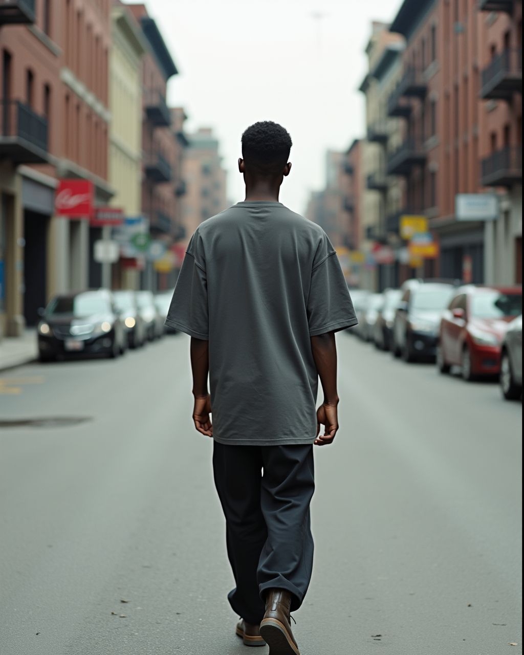 Back view of the Heavy Tee in ash on a city street